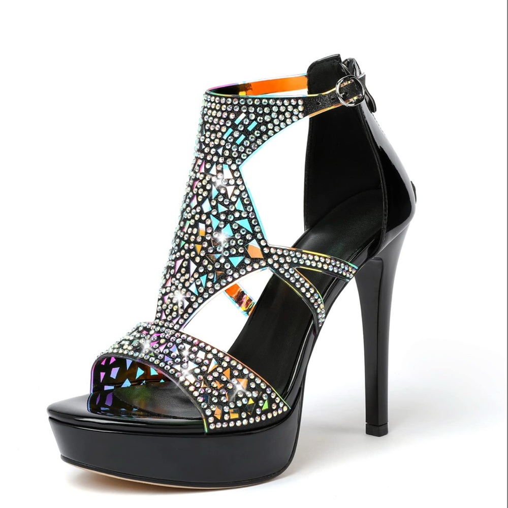 NWT Eldof Black Rhinestone Platform High Heel Sandals Sz 7